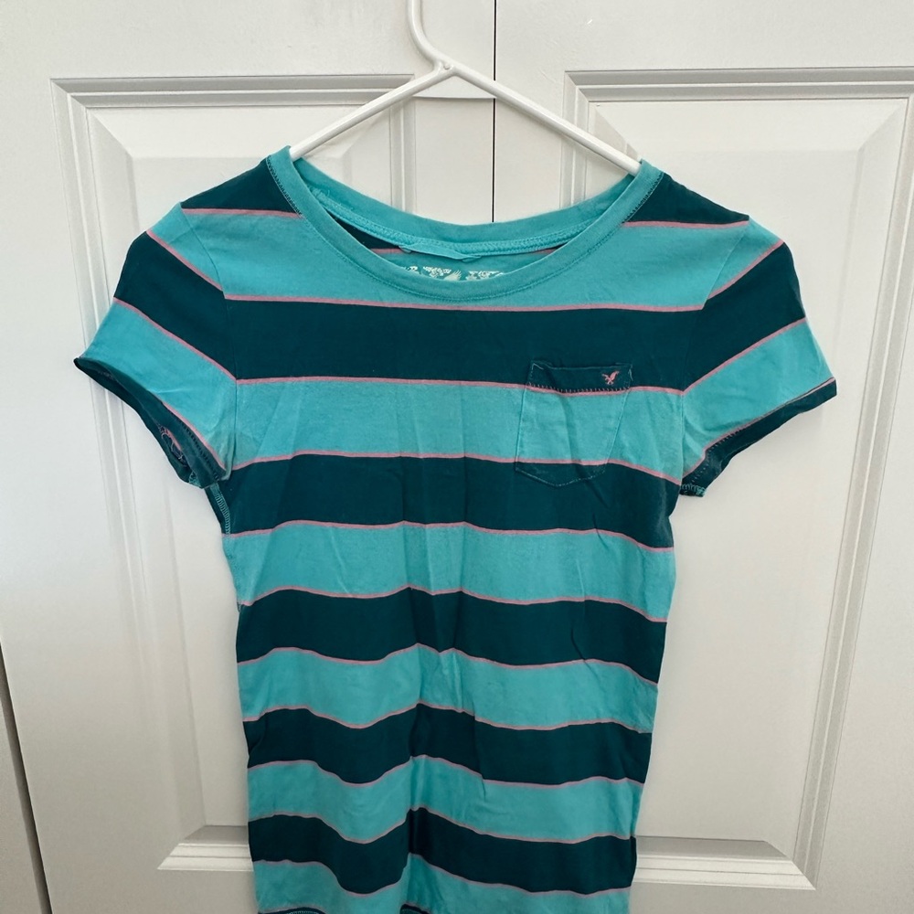 Y2K Vintage American Eagle Outfitters Teal and Blue Striped Tee